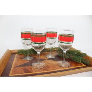 Vintage Holiday Wine Glasses Set Of 4 With Red & Green Stripe Design 7 Oz Clear